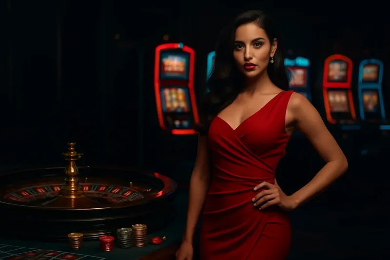 Beautiful woman in red dress standing confidently near roulette and slot machines in luxury Bangladesh casino with neon lights, gold coins, and poker chips
