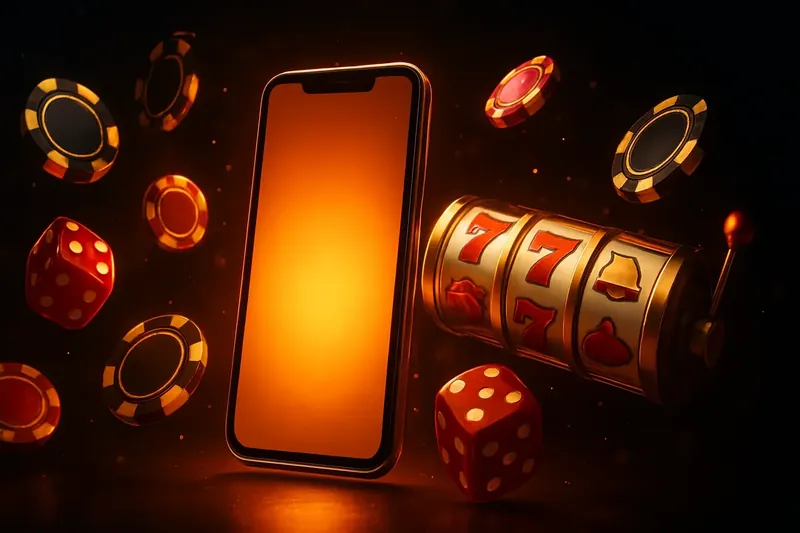 Glowing smartphone surrounded by casino chips, slot reels, and dice on a dark luxurious background with gold accents